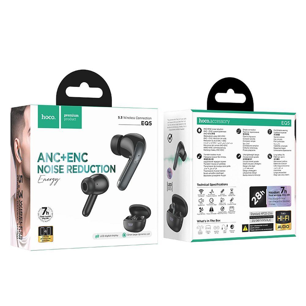 Håndfrie Bluetooth-hodetelefoner HOCO EQ5, TWS, ANC, svart 