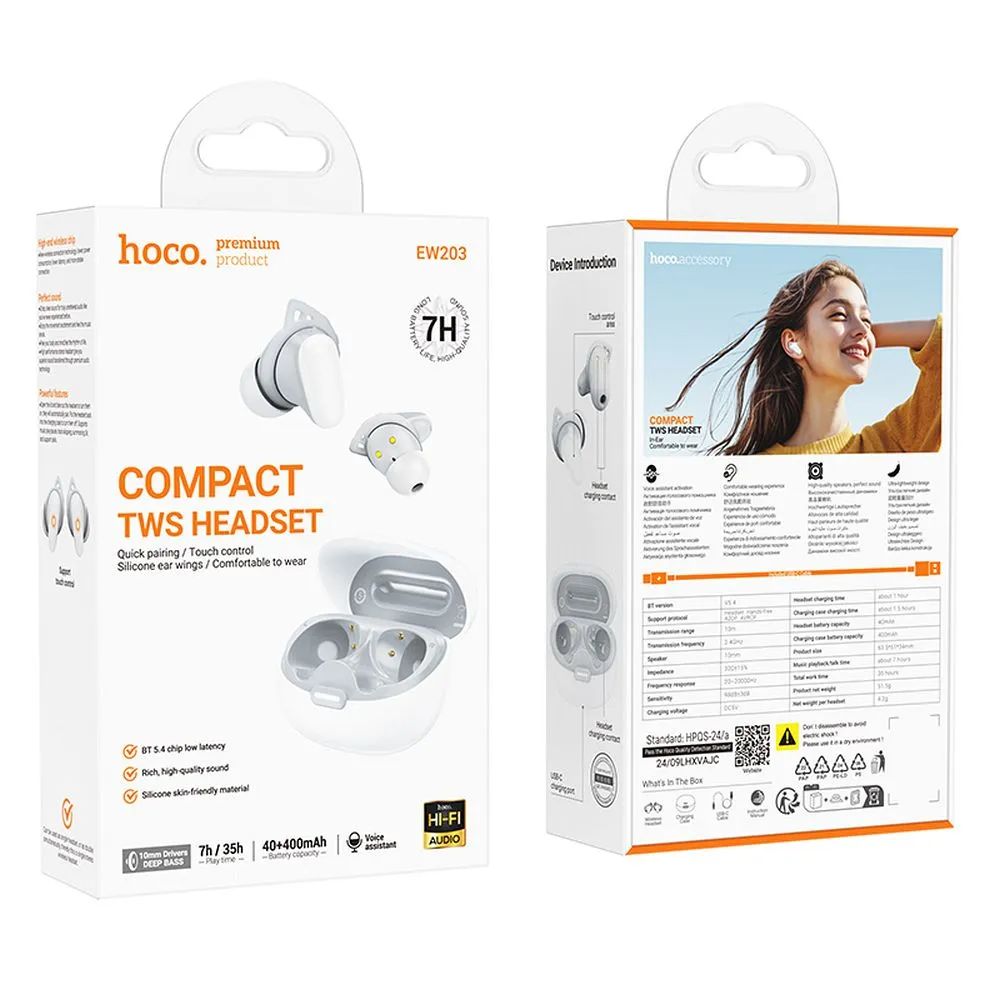 Handsfree Bluetooth HOCO EW203, TWS, Hvit