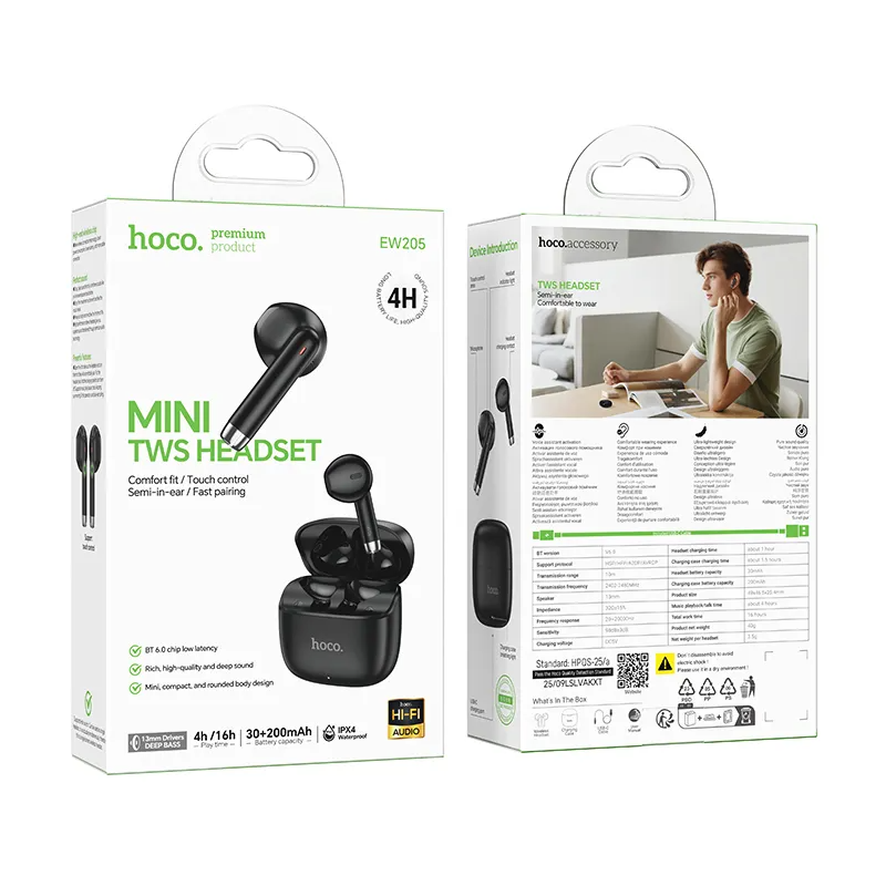 Handsfree Bluetooth HOCO EW205, TWS, Svart