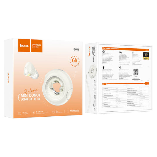 Håndfri Bluetooth HOCO EW71 Mini Donut, TWS, Hvit