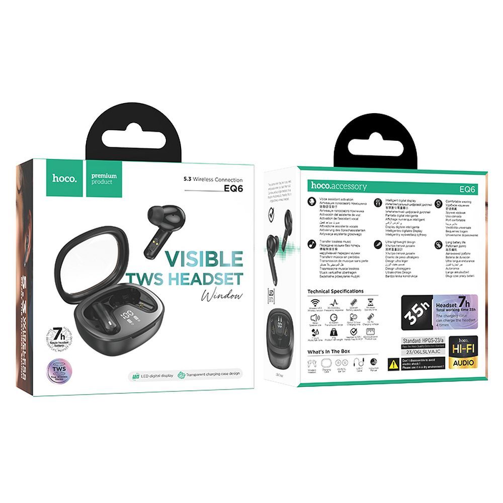 Håndfri Bluetooth hodetelefon HOCO Shadow EQ6, TWS, Svart 