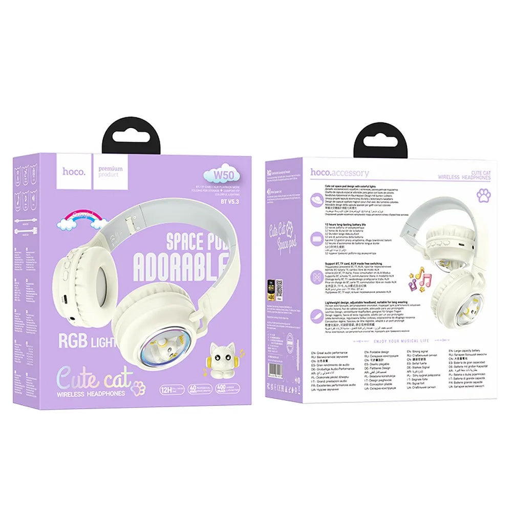 Handsfree Bluetooth HOCO W50 Kids Cute Cat, A2DP, Hvit