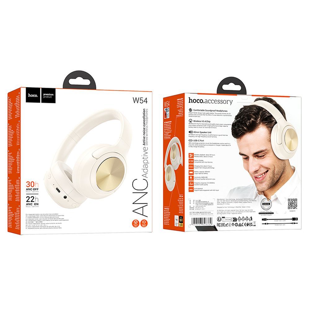 Handsfree Bluetooth HOCO W54, A2DP, ANC, Hvit