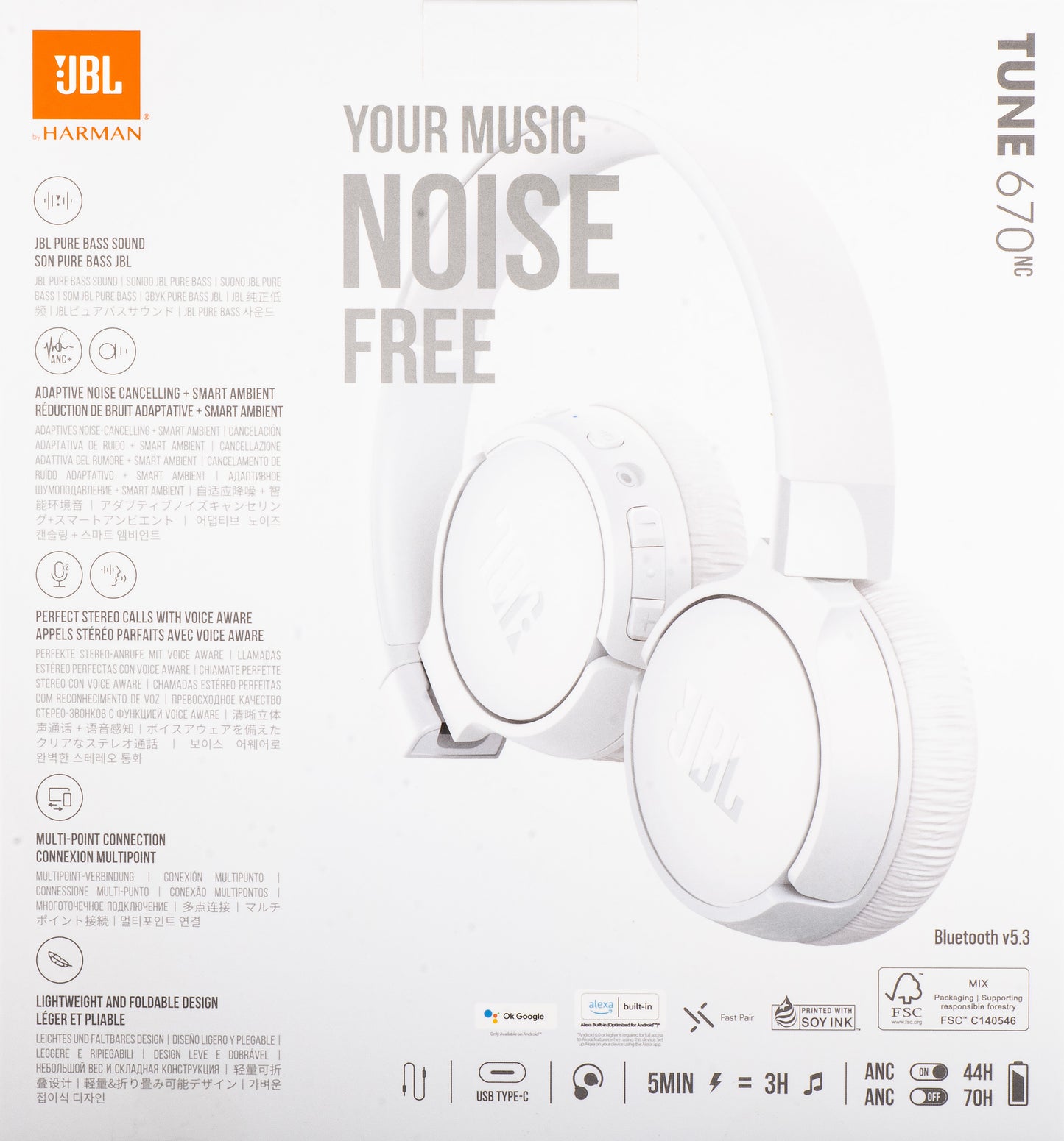 Handsfree Bluetooth JBL Tune 670NC, MultiPoint, A2DP, ANC, Hvit JBLT670NCWHTAP