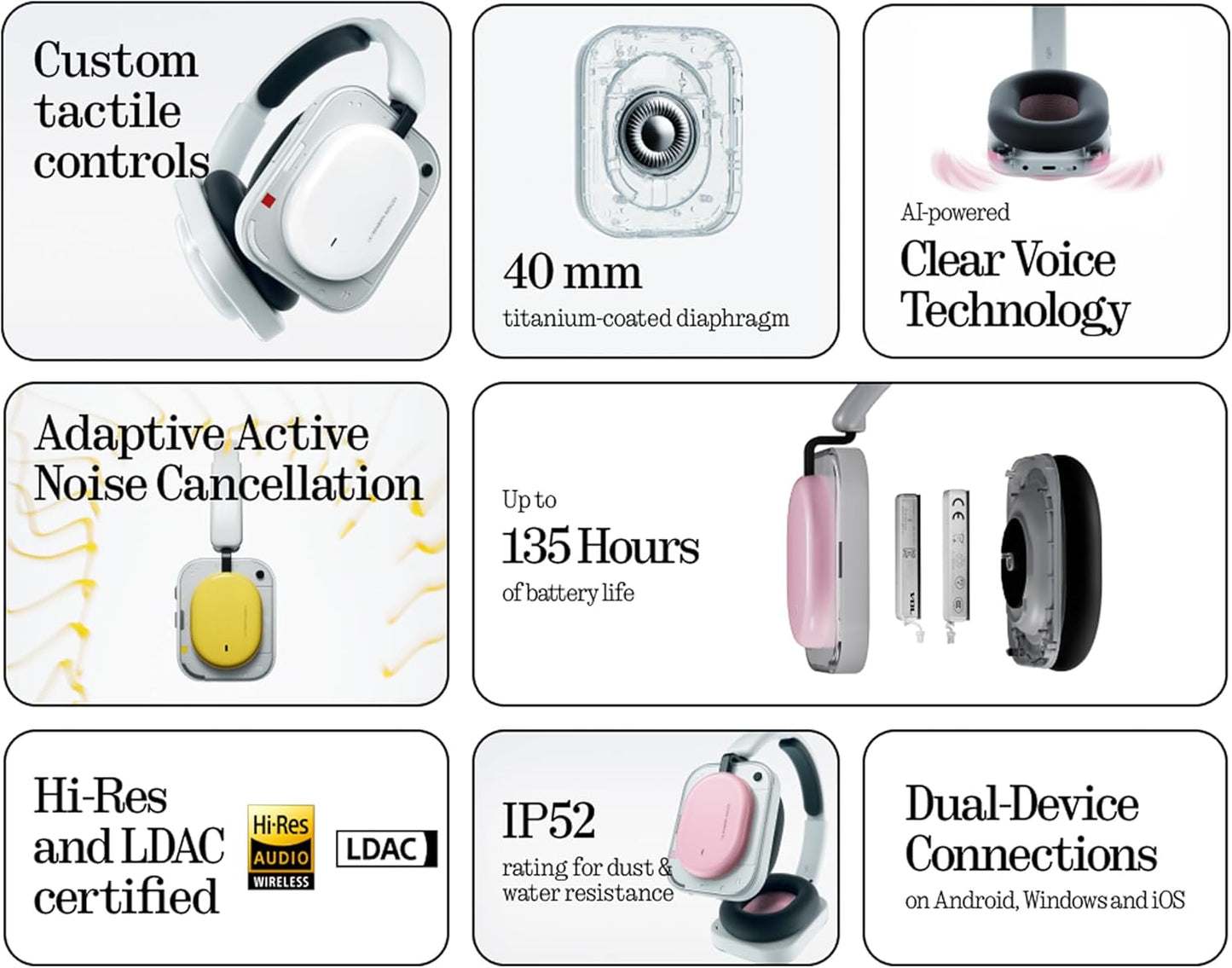 Handsfree Bluetooth Nothing Headphone (a), MultiPoint, A2DP, ANC, Svart