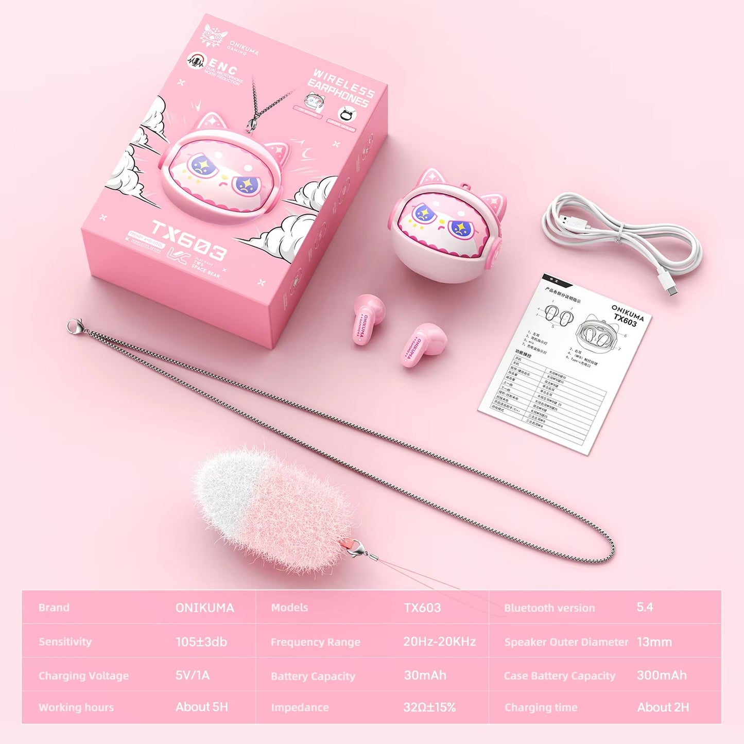 Handsfree Bluetooth Onikuma TX603, TWS, Rosa