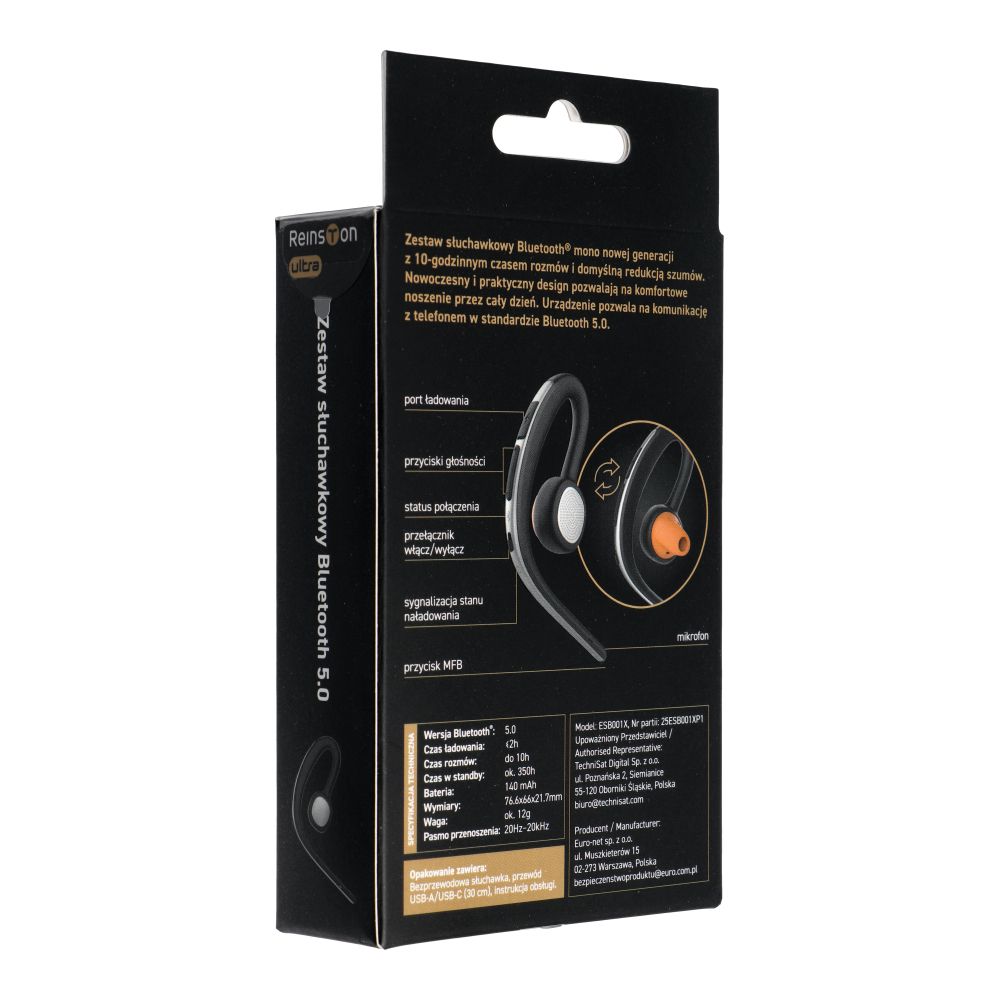 Handsfree Bluetooth Reinston ESB001X, MultiPoint, A2DP, Svart