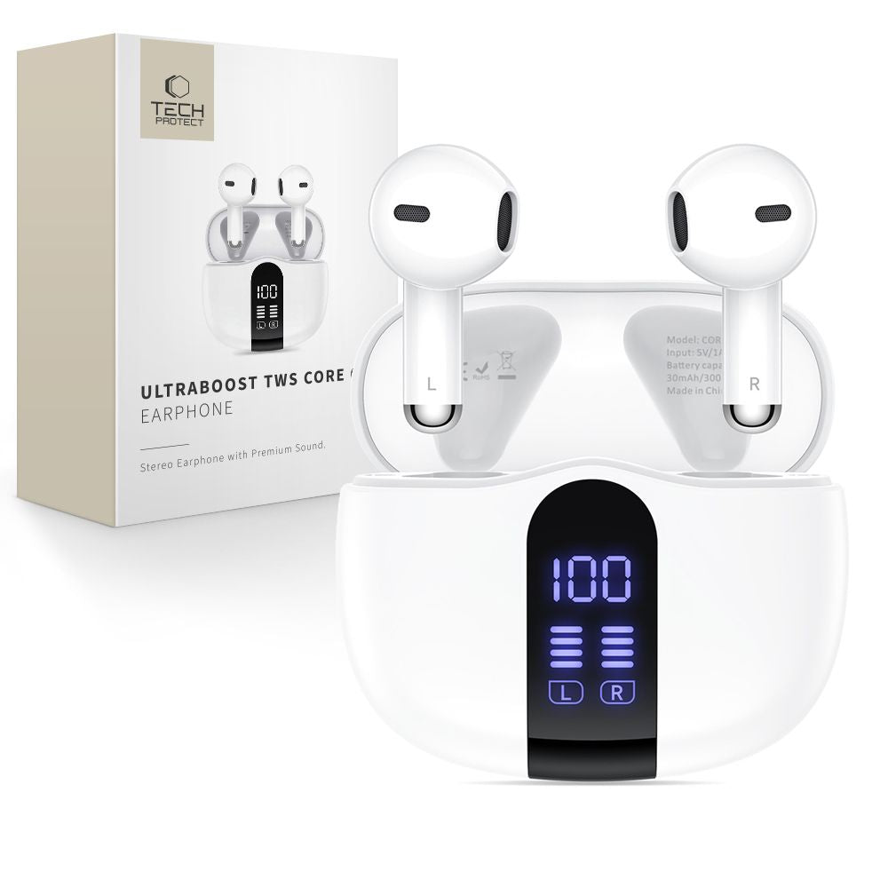 Handsfree Bluetooth Tech-Protect Ultraboost Core G2, TWS, Hvit