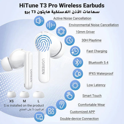 Handsfree Bluetooth UGREEN HiTune T3 Pro WS206, TWS, ANC, MultiPoint, Hvit