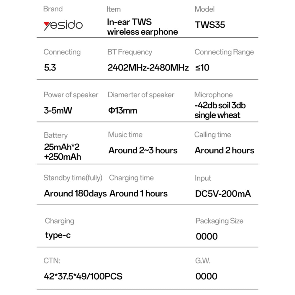 Handsfree Bluetooth Yesido TWS35, TWS, Hvit