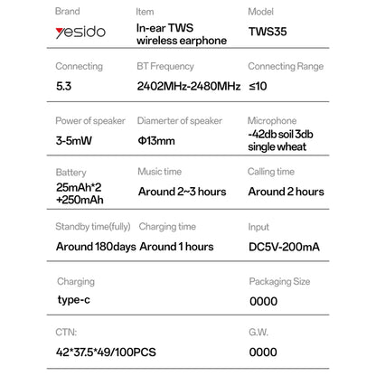Handsfree Bluetooth Yesido TWS35, TWS, Hvit