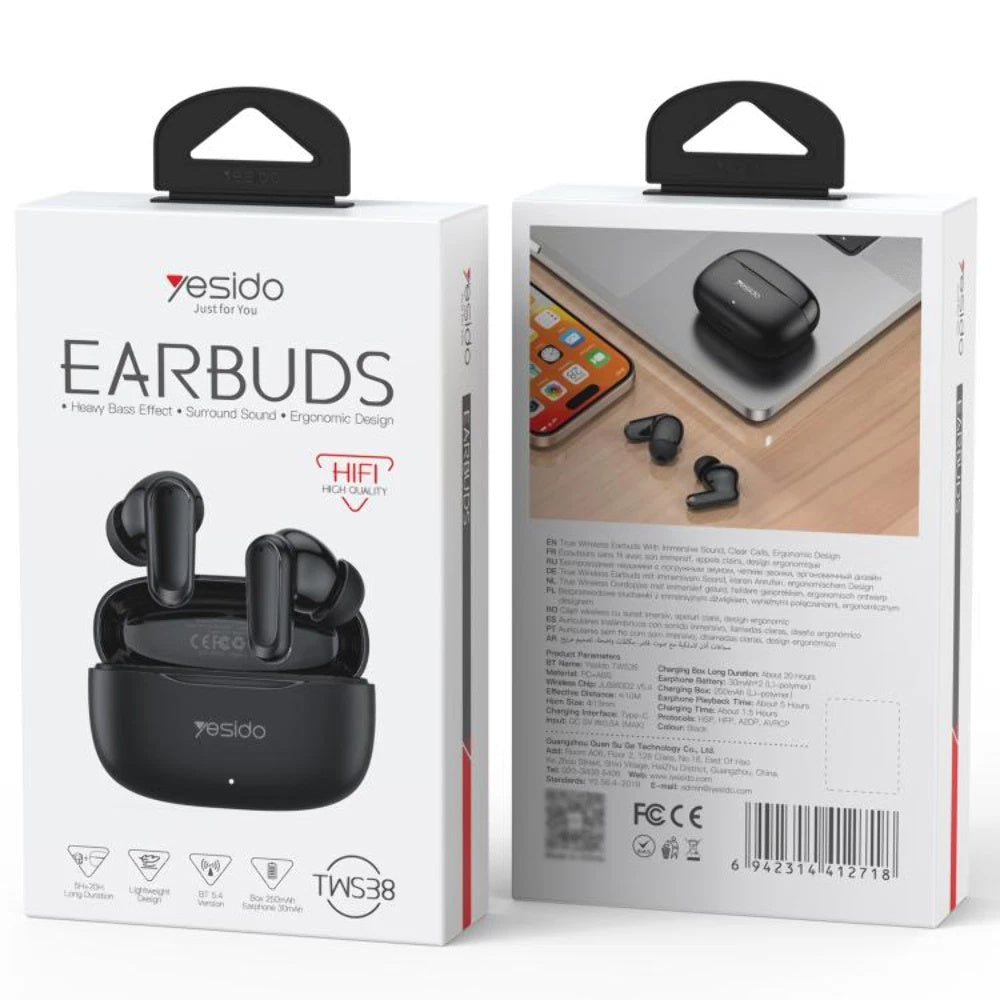 Handsfree Bluetooth Yesido TWS38, TWS, Svart