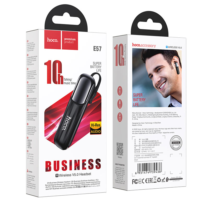 Handsfree Bluetooth HOCO E57, A2DP, Svart