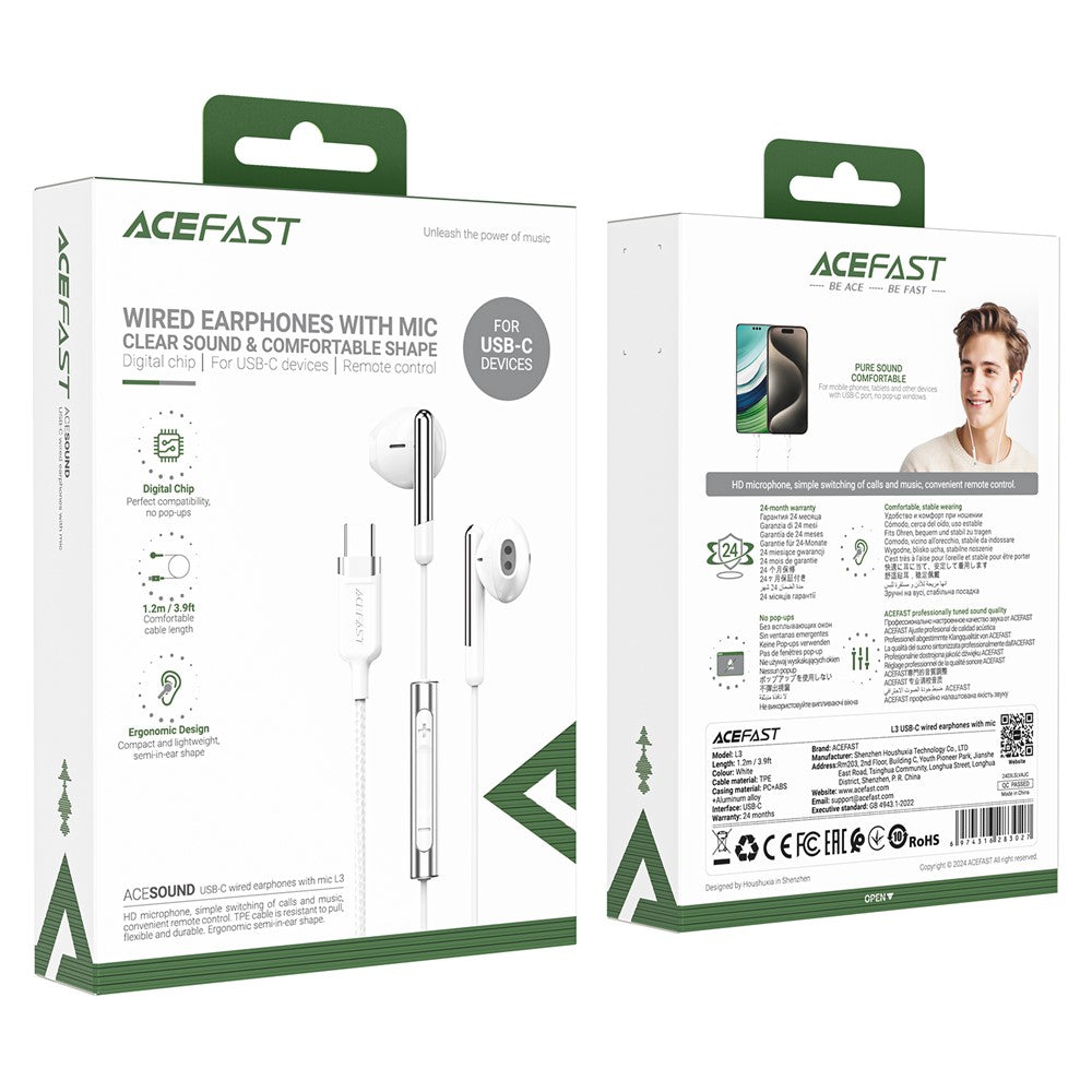 Handsfree USB-C Acefast L3, Hvit