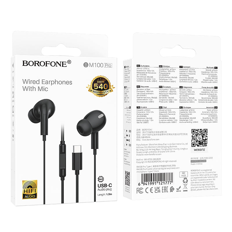 Handsfree USB-C Borofone BM100 Pro Fuente, Svart
