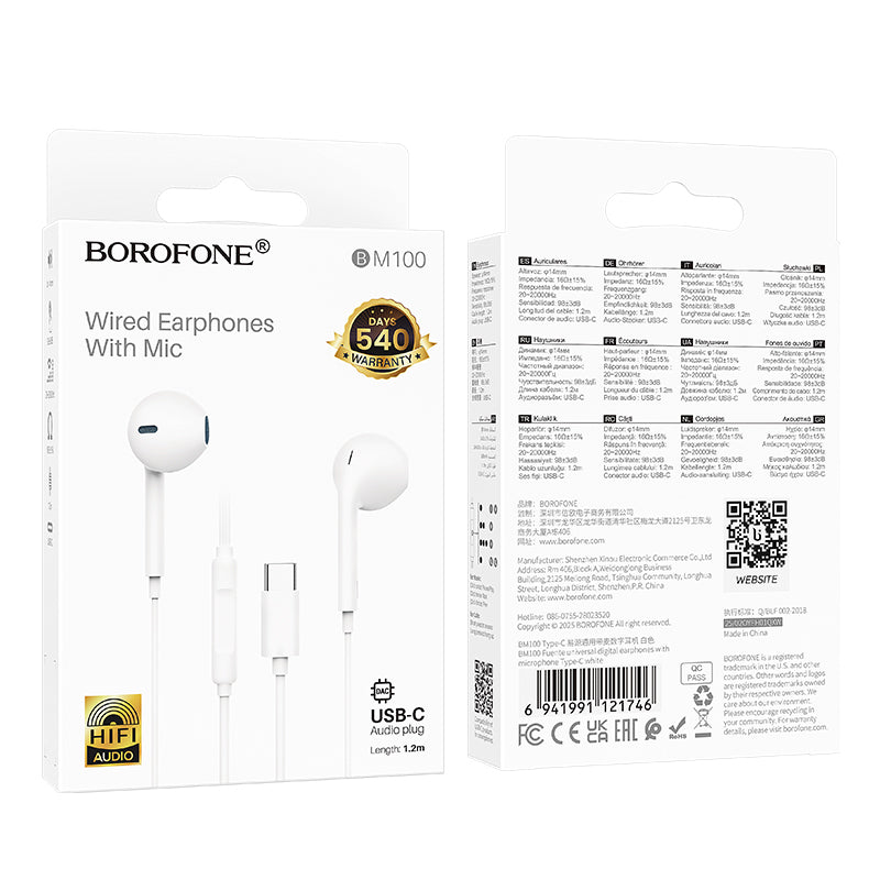 Handsfree USB-C Borofone BM100 Fuente, Hvit