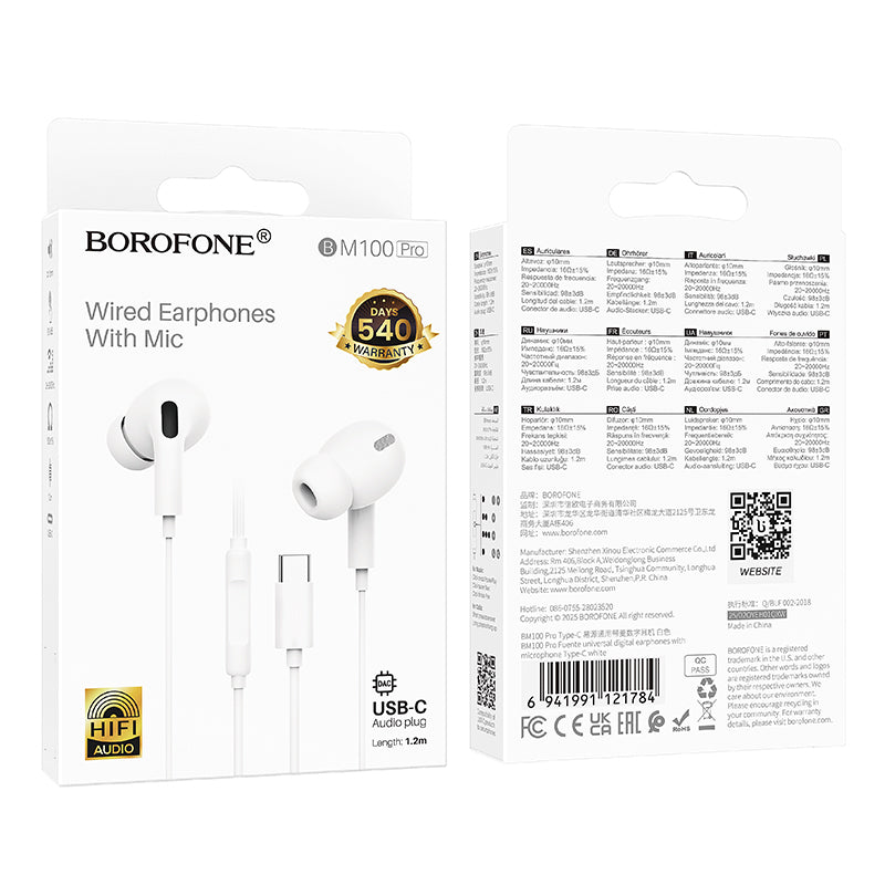 Handsfree USB-C Borofone BM100 Pro Fuente, Hvit