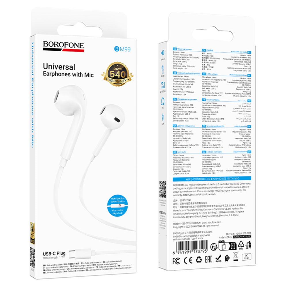 Handsfree USB-C Borofone BM99 Star, Hvit