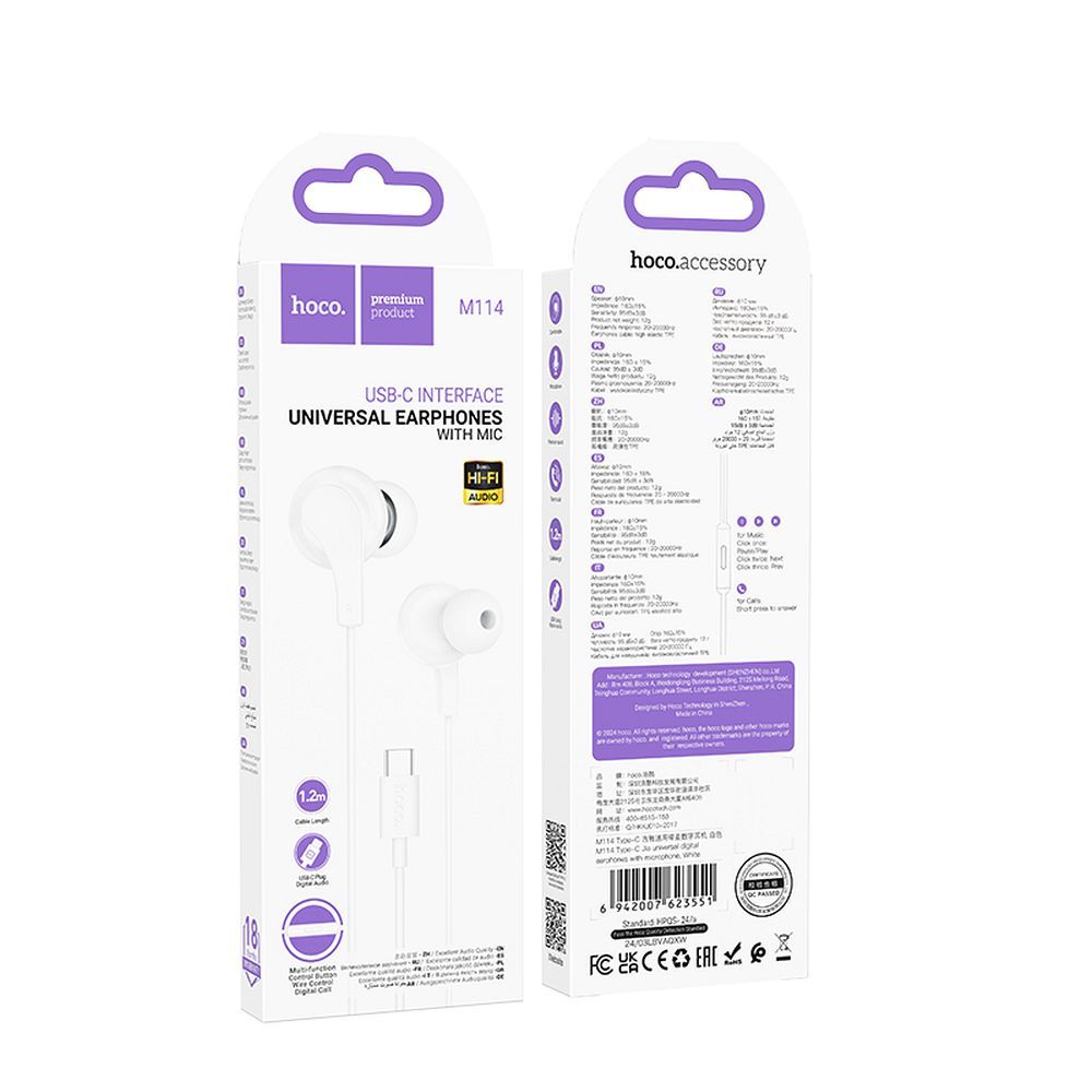 Handsfree USB-C HOCO M114, Hvit