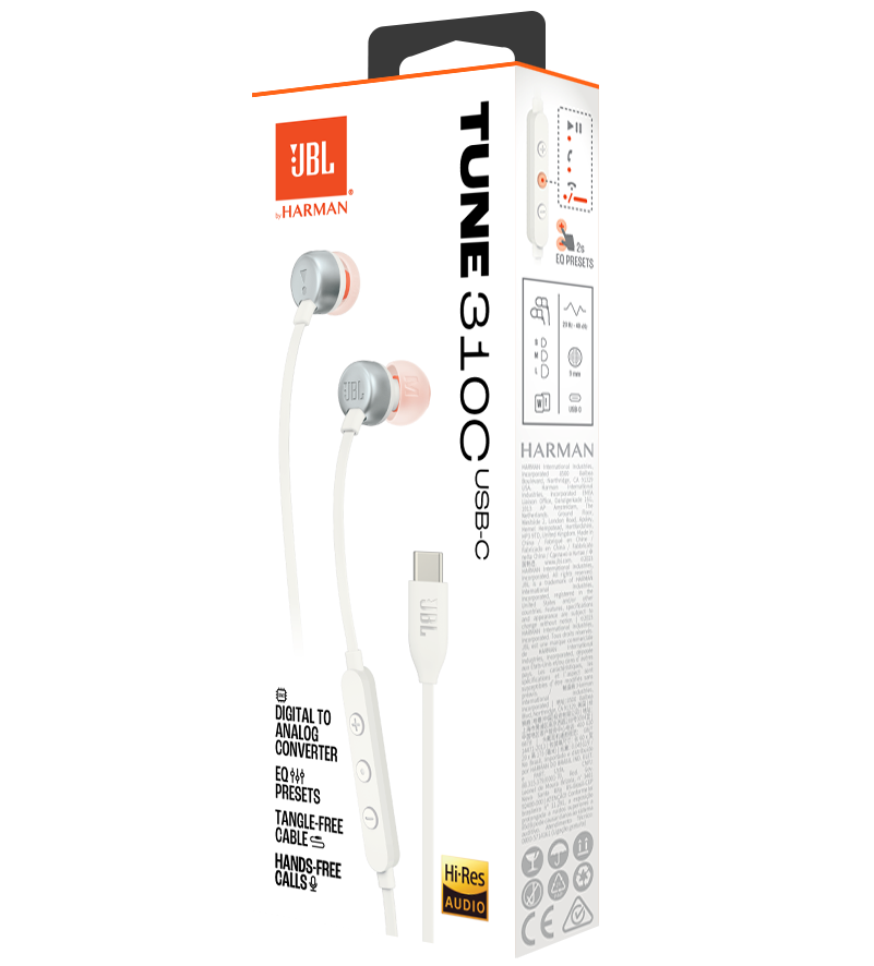 Handsfree USB-C JBL Tune 310C, Hvit JBLT310CWHT