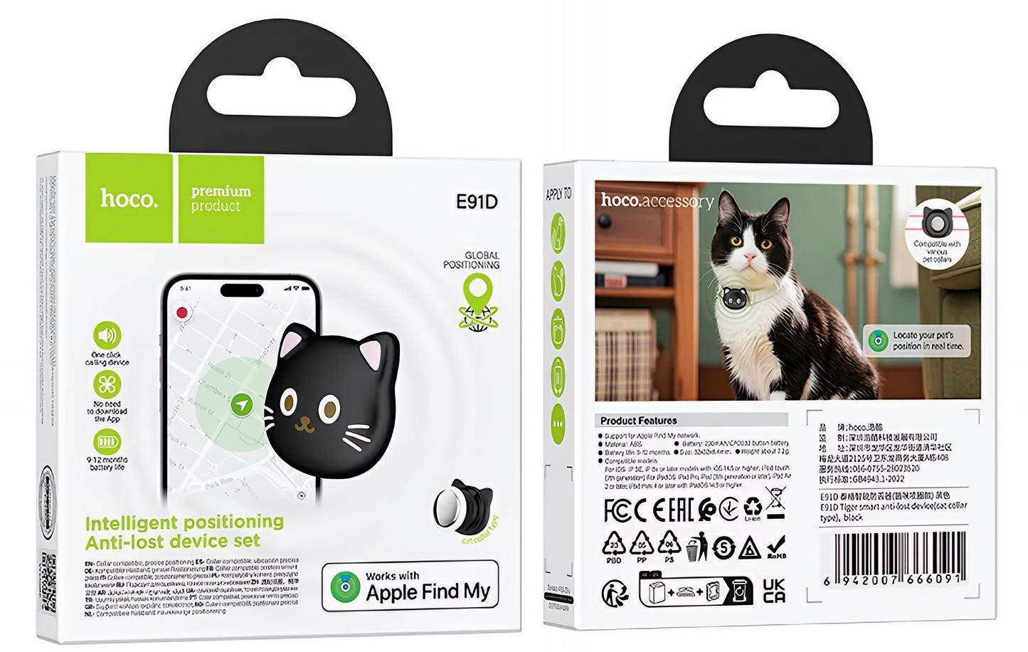 HOCO SmartTag E91D Cat for iOS-serien, Svart