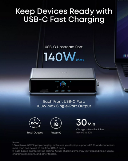 Anker Prime Multifunksjonell Hub, 3 x USB-A - 4 x USB-C - 1 x Display Port - 2 x HDMI - 1 x Jack 3,5 mm - 1 x RJ45 - 1 x SD - 1 x microSD, Grå A83B33A1