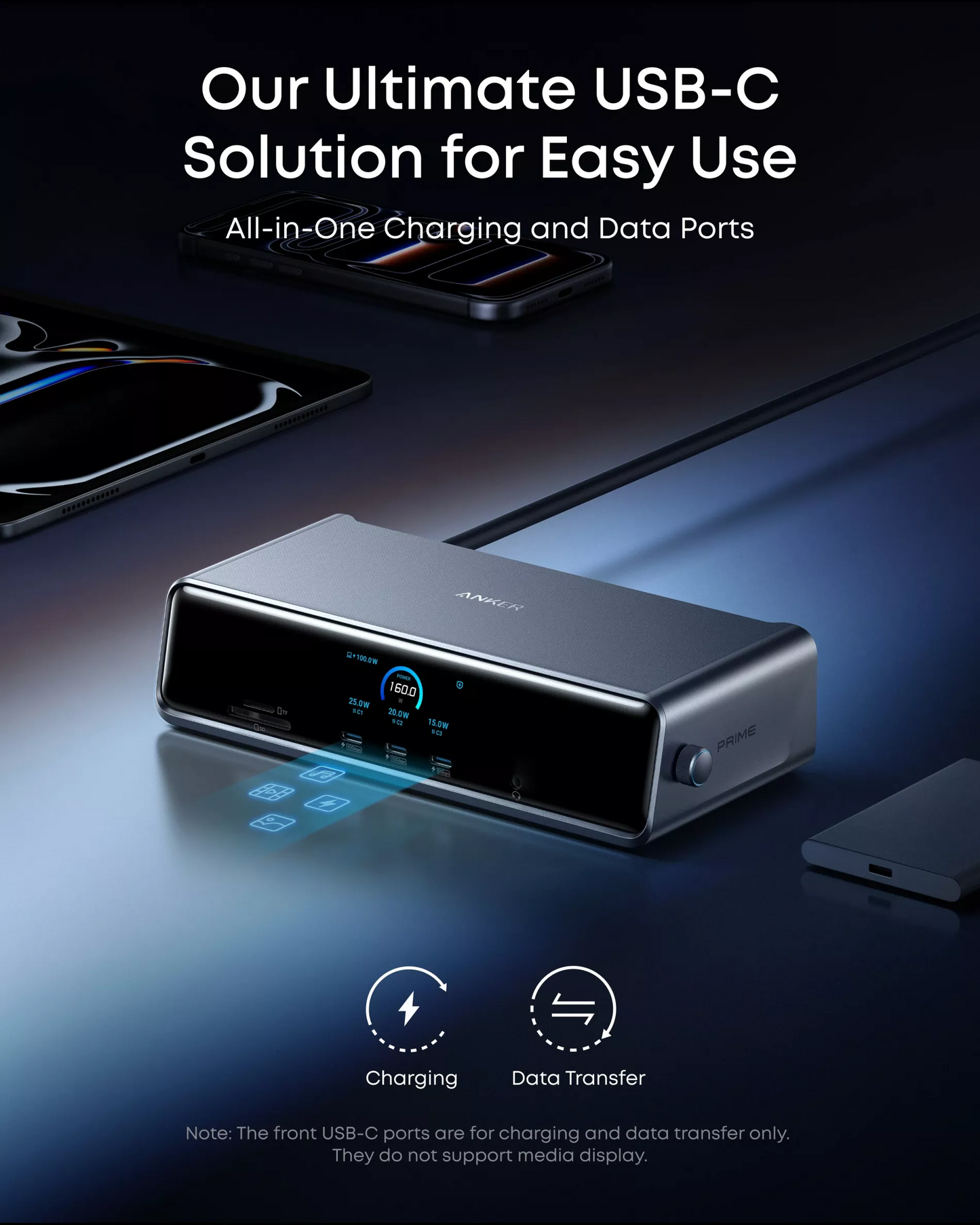 Anker Prime Multifunksjonell Hub, 3 x USB-A - 4 x USB-C - 1 x Display Port - 2 x HDMI - 1 x Jack 3,5 mm - 1 x RJ45 - 1 x SD - 1 x microSD, Grå A83B33A1