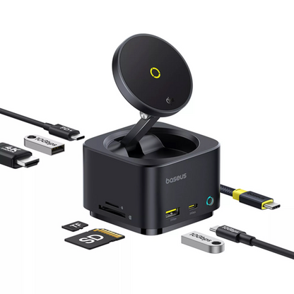 Baseus MagPro II 7i1 multifunksjonshub, 1 x USB-A - 2 x USB-C - 1 x HDMI - 1 x QI - 1 x SD - 1 x microSD, svart Reseglet B00072900121-00
