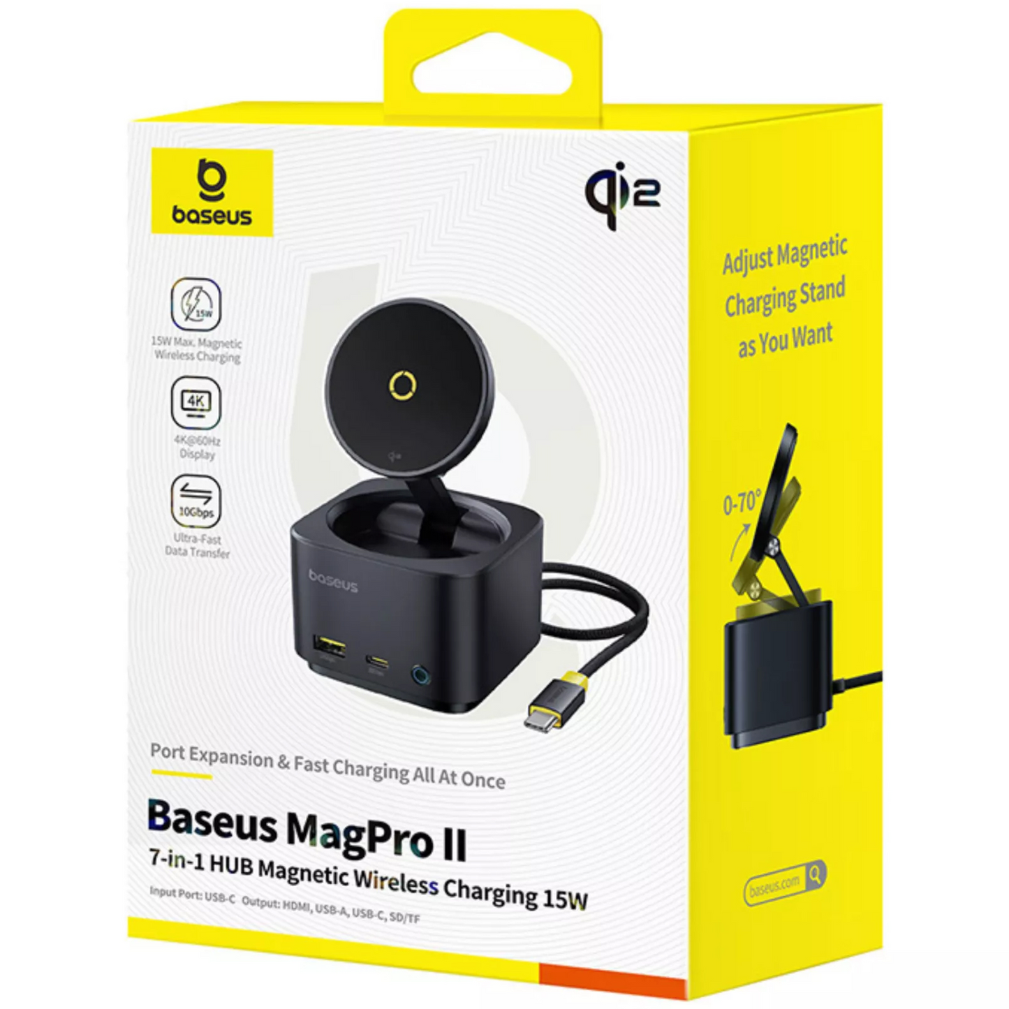 Baseus MagPro II 7i1 multifunksjonshub, 1 x USB-A - 2 x USB-C - 1 x HDMI - 1 x QI - 1 x SD - 1 x microSD, svart Reseglet B00072900121-00