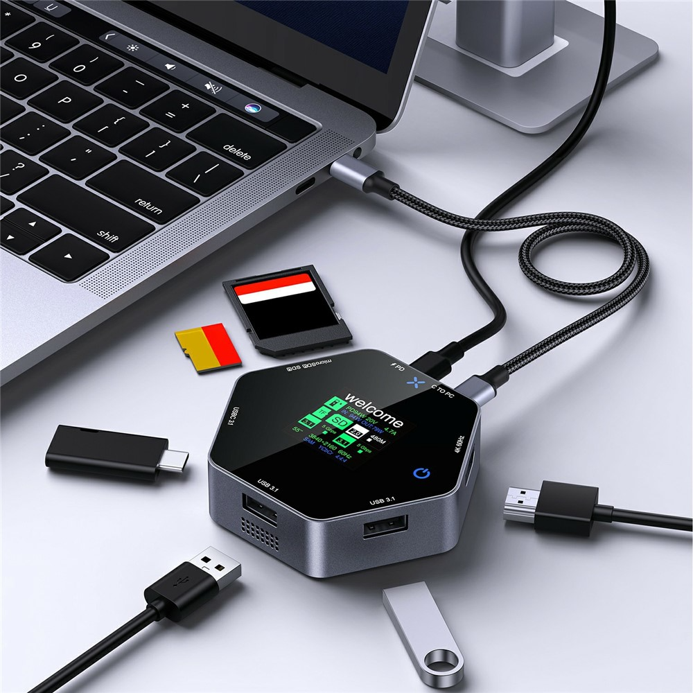 Multifunksjonell hub OEM YC-931, 8i1, Grå