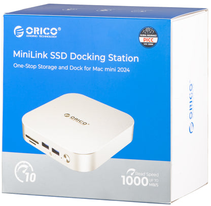 Orico MiniLink M49P multifunksjonshub for Apple Mac Mini M4, 9-i-1, Sølv