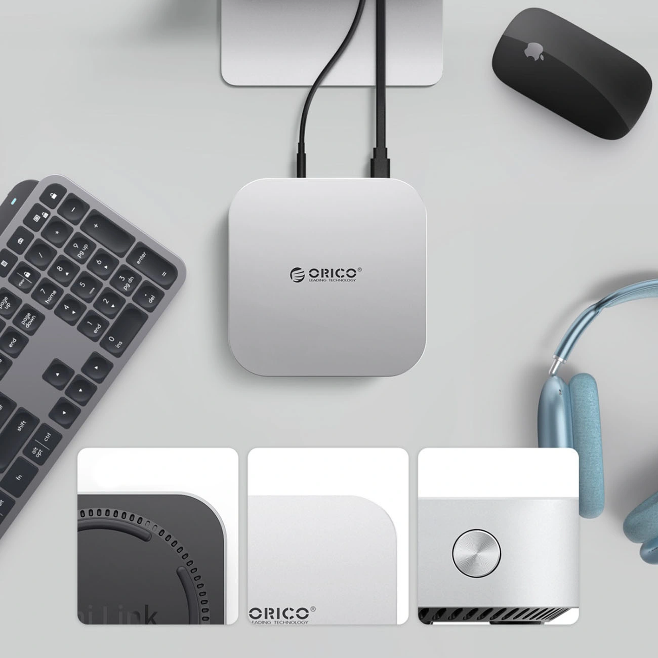 Orico MiniLink M49P multifunksjonshub for Apple Mac Mini M4, 9-i-1, Sølv