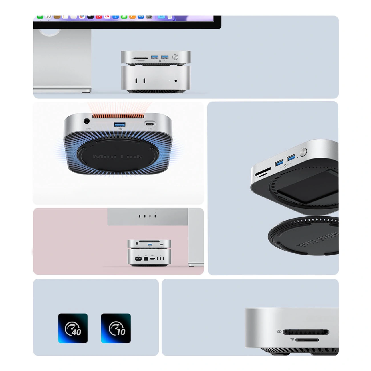 Orico MiniLink M49P multifunksjonshub for Apple Mac Mini M4, 9-i-1, Sølv