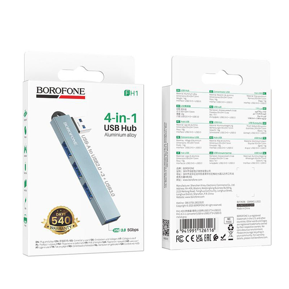 Borofone FH1 USB-hub, 4-i-1, Grå