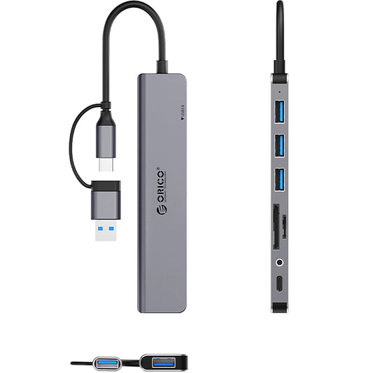 Hub USB / USB-C Orico YSA8-U3, 1 x USB-A 3.0 - 3 x USB-A - 1 x USB-C - 1 x Jack 3.5mm - 1 x SD - 1 x microSD, Svart