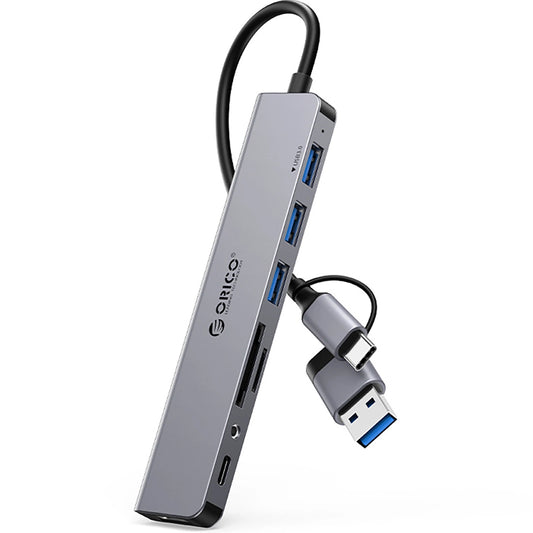 Hub USB / USB-C Orico YSA8-U3, 1 x USB-A 3.0 - 3 x USB-A - 1 x USB-C - 1 x Jack 3.5mm - 1 x SD - 1 x microSD, Svart