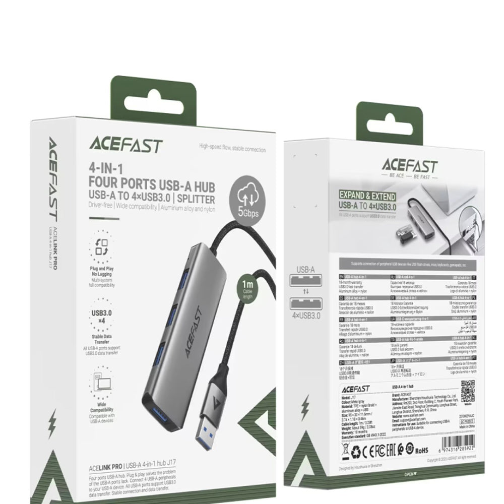 USB-hub Acefast J17, 4-i-1, Grå