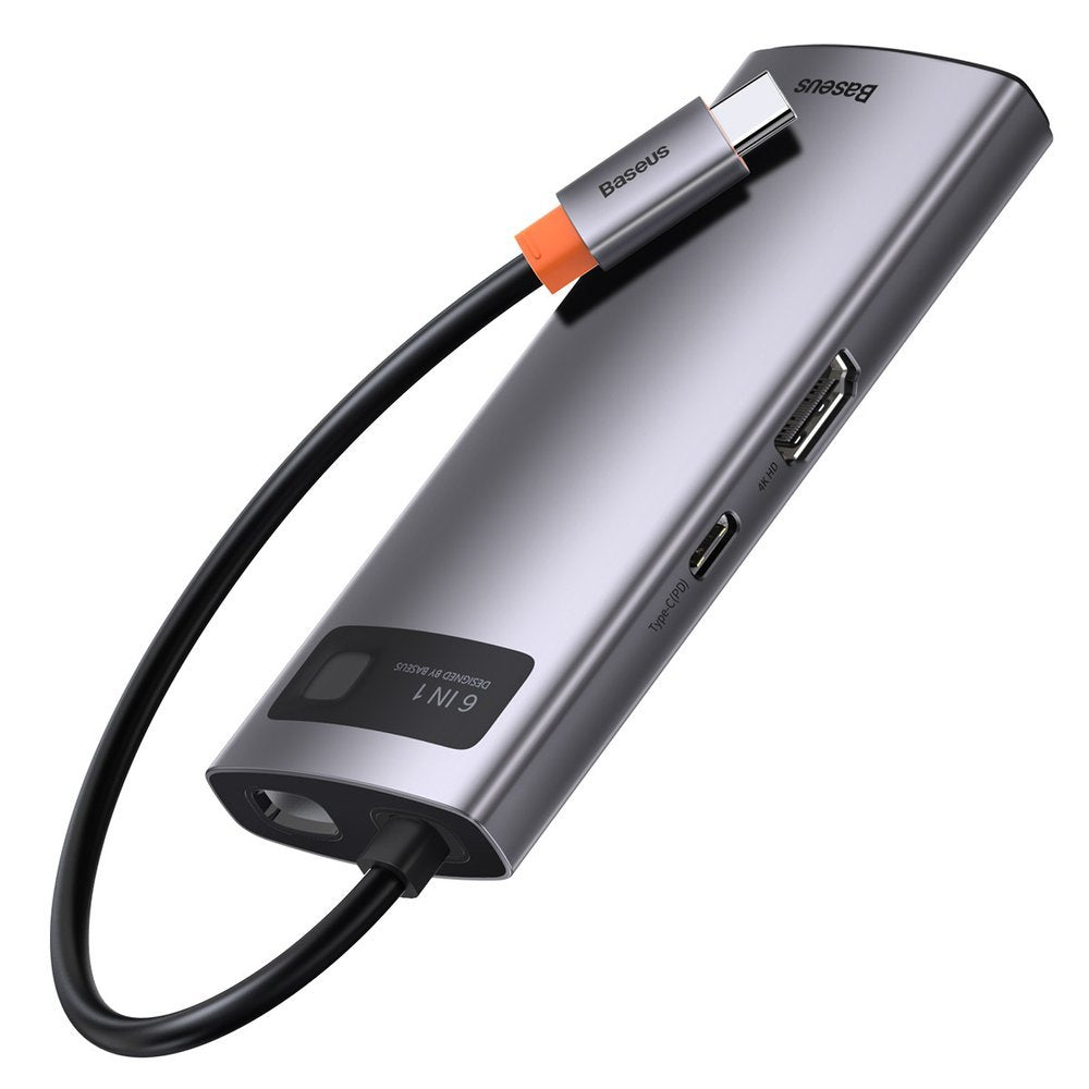 Baseus Metal Gleam USB-C-hub, 3 x USB-A 3.0 - 1 x USB-C - 1 x HDMI - 1 x RJ45, Grå CAHUB-CW0G