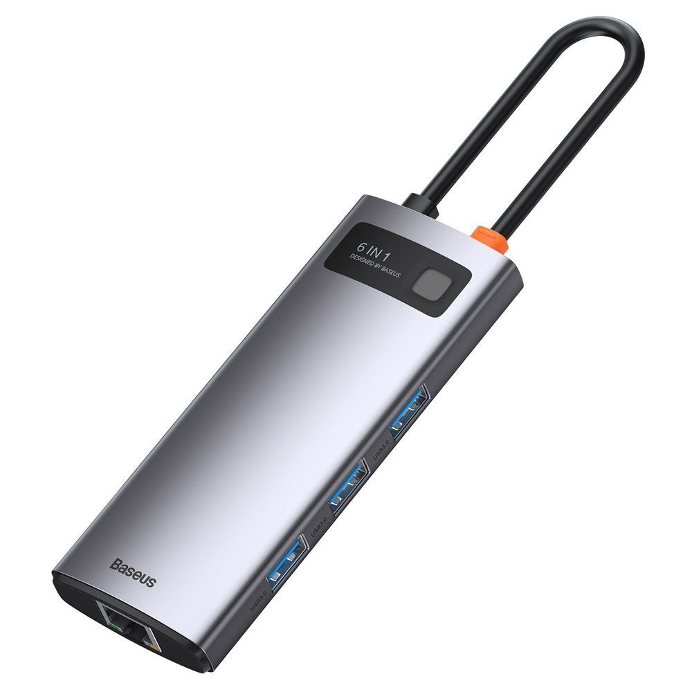 Baseus Metal Gleam USB-C-hub, 3 x USB-A 3.0 - 1 x USB-C - 1 x HDMI - 1 x RJ45, Grå CAHUB-CW0G