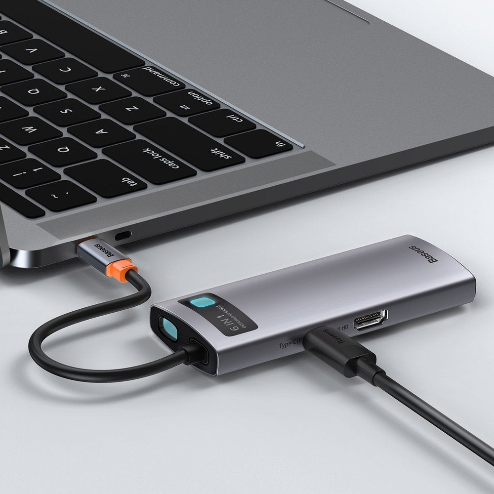 Baseus Metal Gleam USB-C-hub, 3 x USB-A 3.0 - 1 x USB-C - 1 x HDMI - 1 x RJ45, Grå CAHUB-CW0G