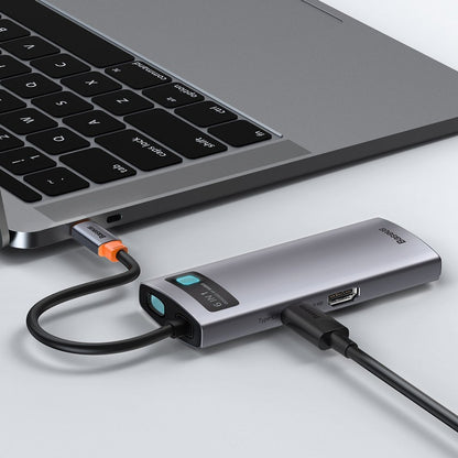 Baseus Metal Gleam USB-C-hub, 3 x USB-A 3.0 - 1 x USB-C - 1 x HDMI - 1 x RJ45, Grå CAHUB-CW0G