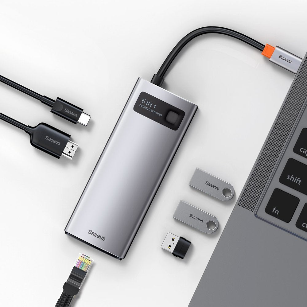Baseus Metal Gleam USB-C-hub, 3 x USB-A 3.0 - 1 x USB-C - 1 x HDMI - 1 x RJ45, Grå CAHUB-CW0G