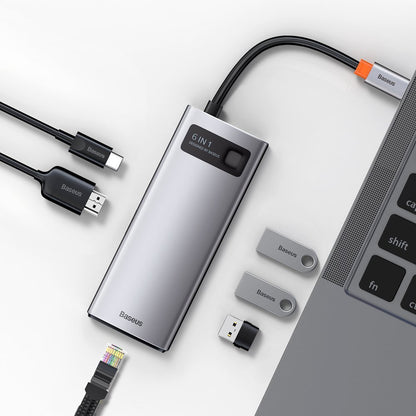 Baseus Metal Gleam USB-C-hub, 3 x USB-A 3.0 - 1 x USB-C - 1 x HDMI - 1 x RJ45, Grå CAHUB-CW0G
