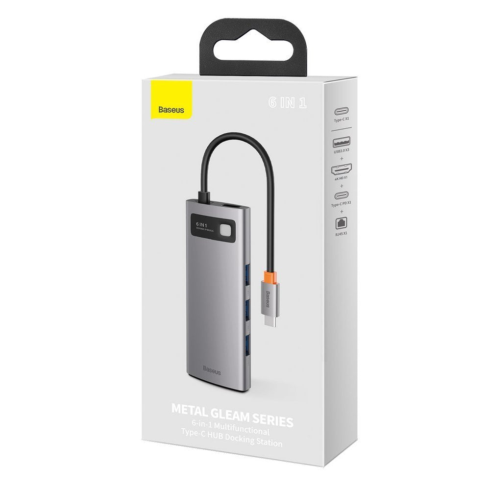 Baseus Metal Gleam USB-C-hub, 3 x USB-A 3.0 - 1 x USB-C - 1 x HDMI - 1 x RJ45, Grå CAHUB-CW0G