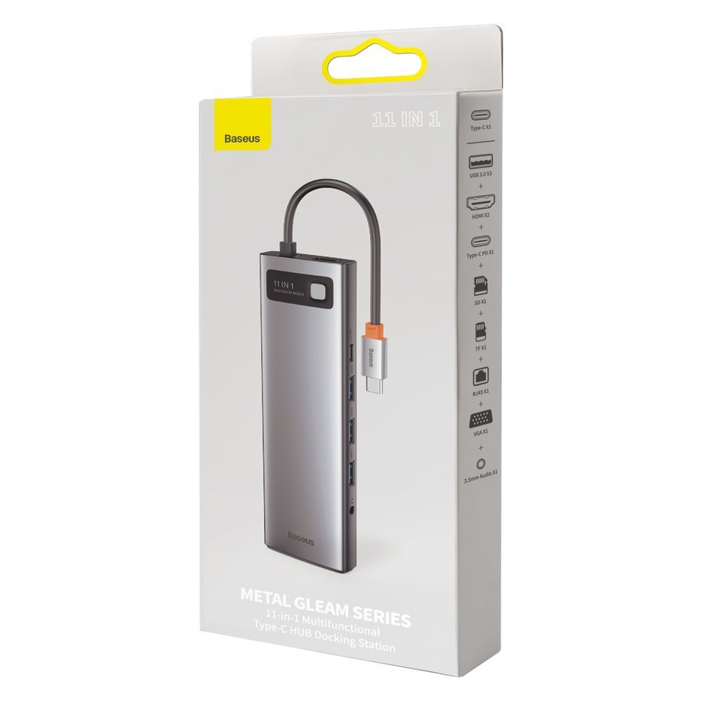 Hub USB-C Baseus Metal Gleam, 3 x USB-A 3.0 - 1 x USB-C - 2 x HDMI - 1 x VGA - 1 x Jack 3.5mm - 1 x RJ45 - 1 x SD - 1 x microSD, Grå CAHUB-CT0G