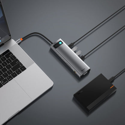 Hub USB-C Baseus Metal Gleam, 3 x USB-A 3.0 - 1 x USB-C - 2 x HDMI - 1 x VGA - 1 x Jack 3.5mm - 1 x RJ45 - 1 x SD - 1 x microSD, Grå CAHUB-CT0G