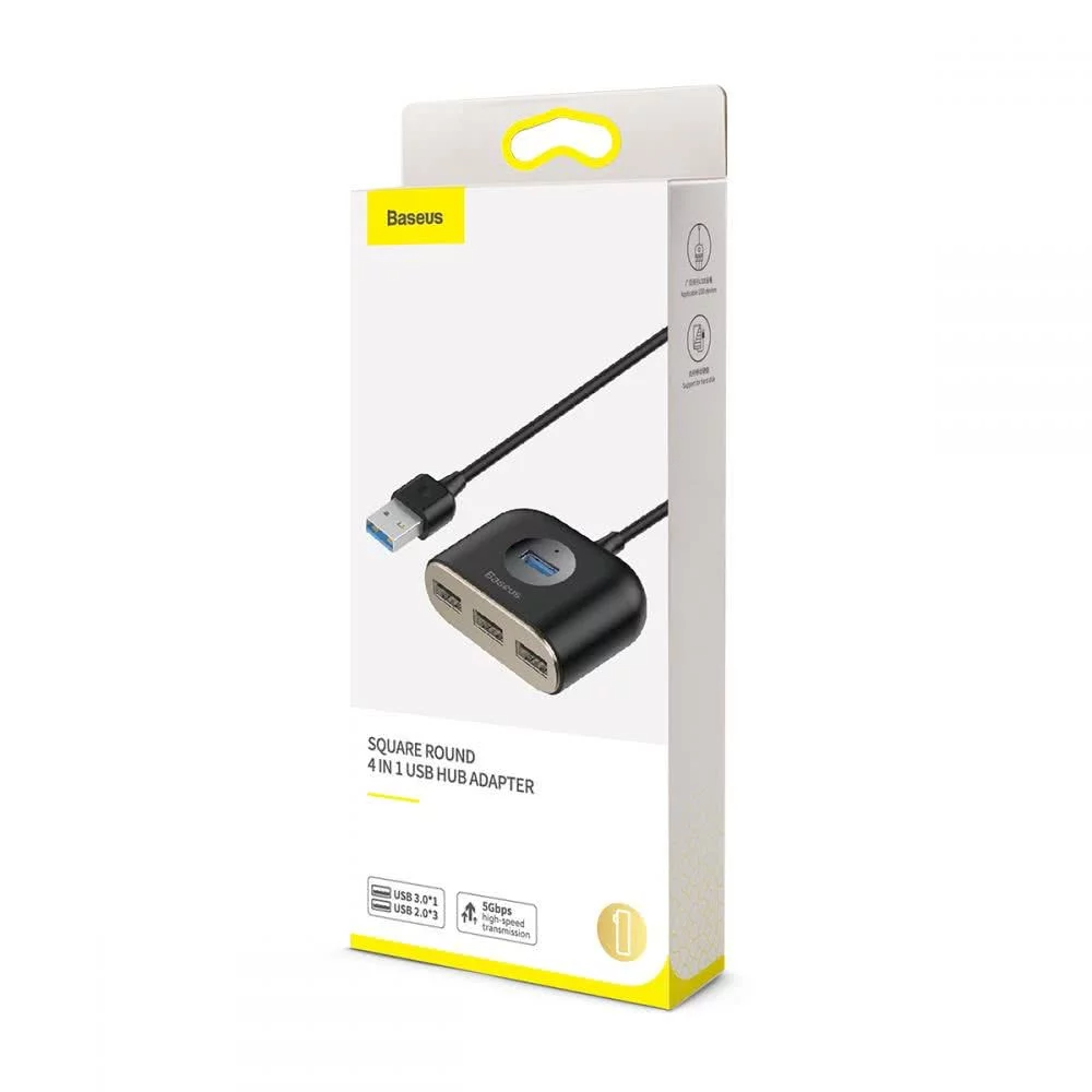 Hub USB Baseus Square, 1 x USB-A 3.0 - 3 x USB-A, Svart CAHUB-AY01