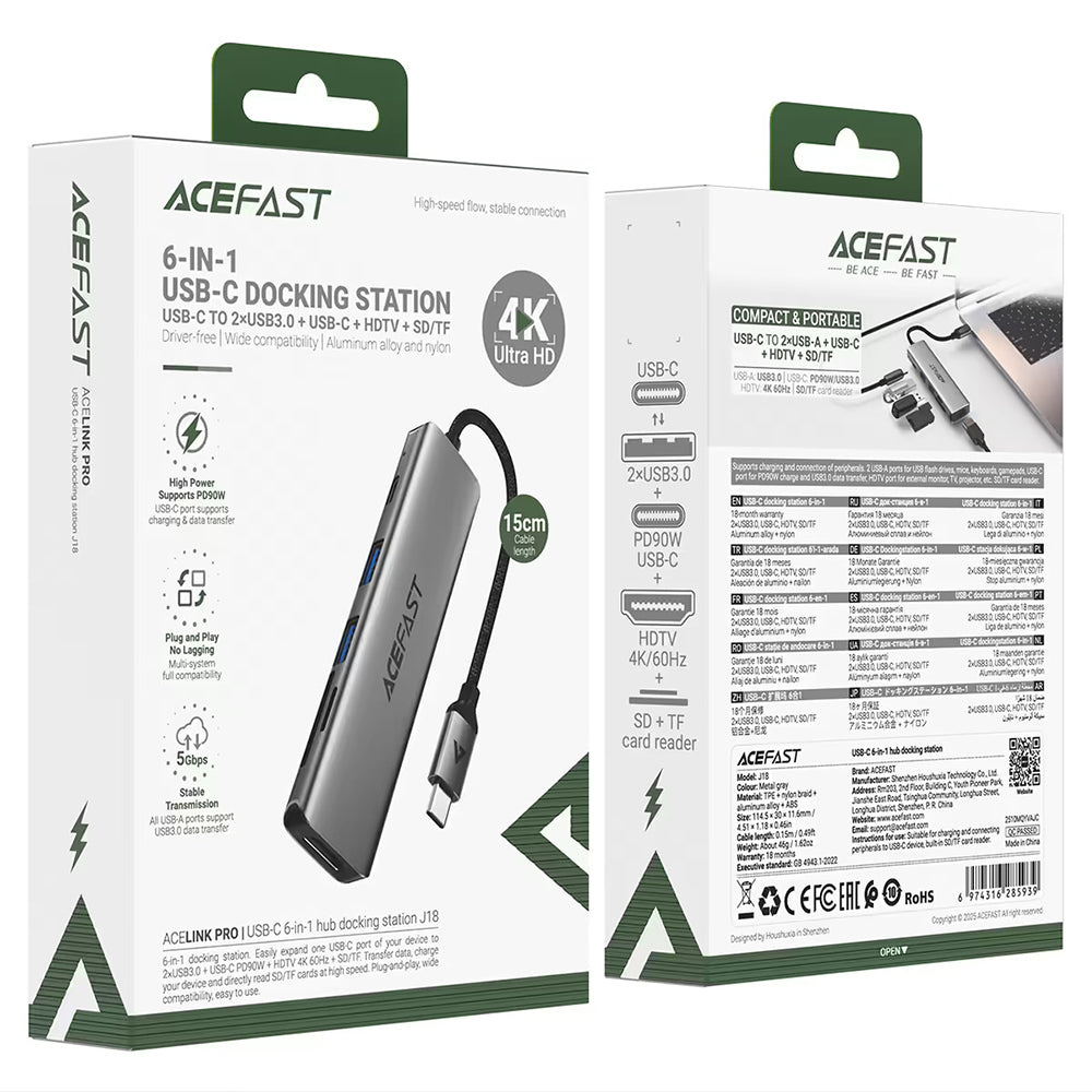 Hub USB-C Acefast J18, 6-i-1, Grå