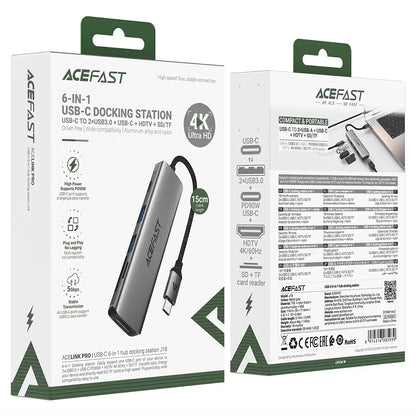 Hub USB-C Acefast J18, 6-i-1, Grå
