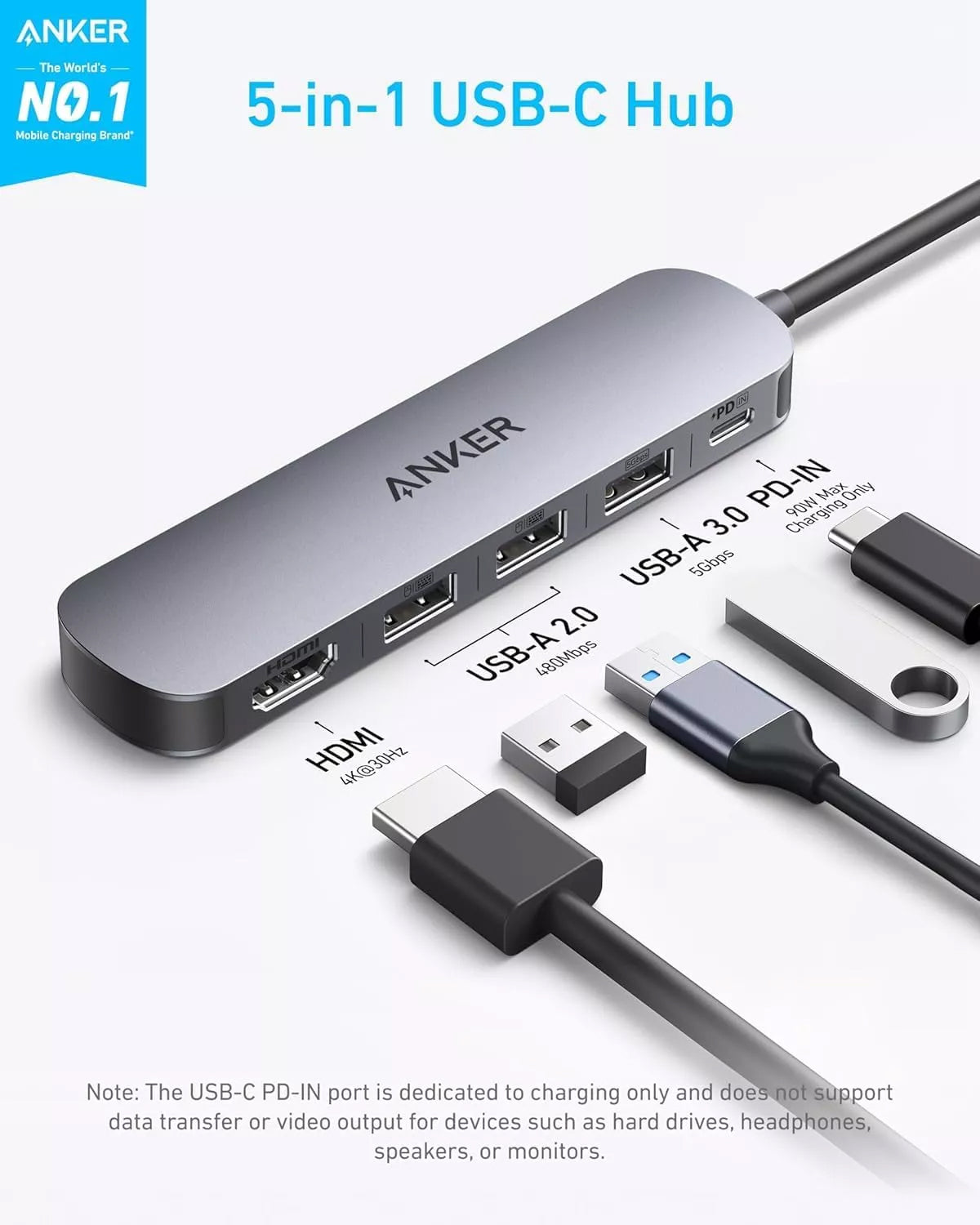 Hub USB-C Anker, 2 x USB-A - 1 x USB-A 3.0 - 1 x USB-C - 1 x HDMI, Grå A8357HA0